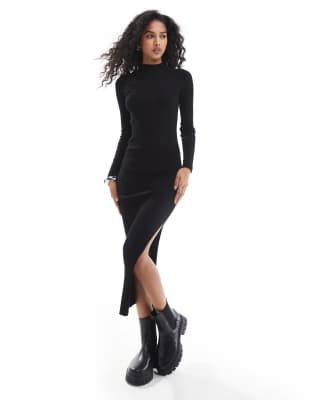 knitted midi dress with side split in black