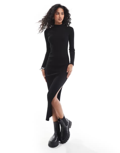 Stradivarius knitted midi dress with side split in black - view 1