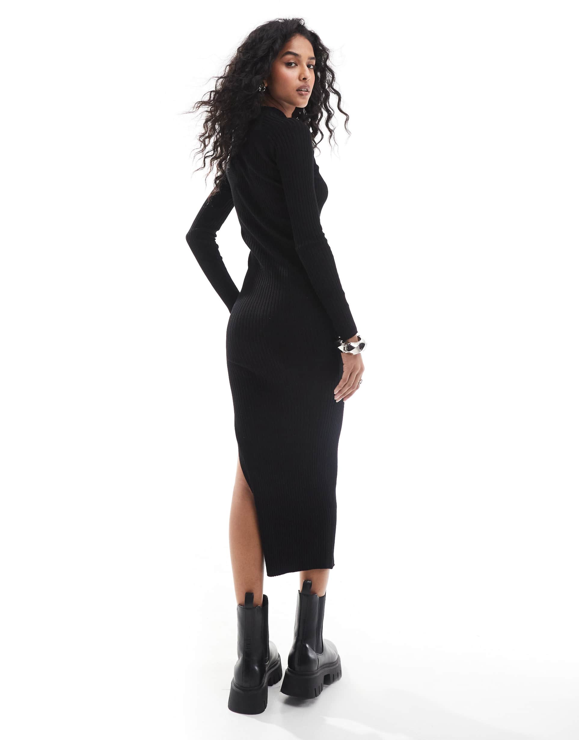 stradivarius knitted midi dress with side split in black