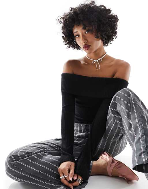 Stradivarius knitted off shoulder top in black 
