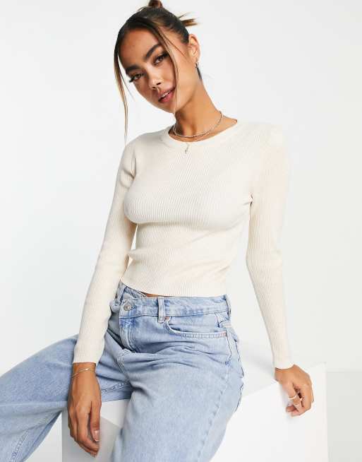 Stradivarius knitted ribbed jumper in beige | ASOS