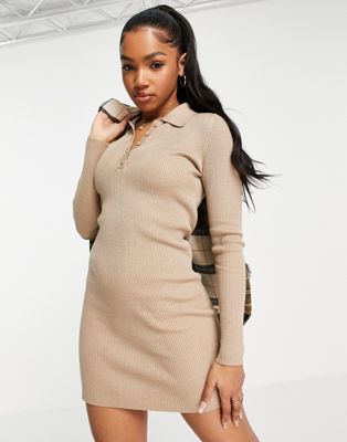 Stradivarius knitted ribbed polo dress in beige