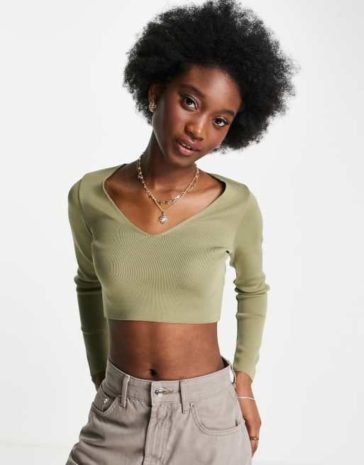 Stradivarius V Neck Seamless Ribbed Top in Green