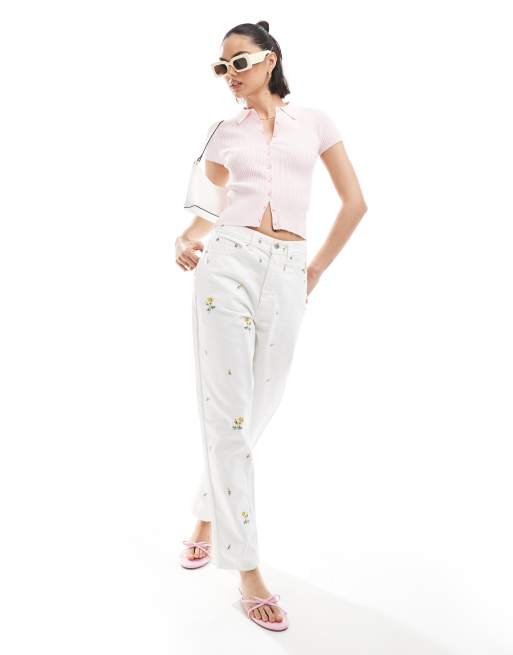 Stradivarius knitted short sleeve cardigan top in pink
