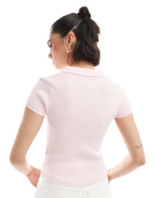 Stradivarius knitted short sleeve cardigan top in pink