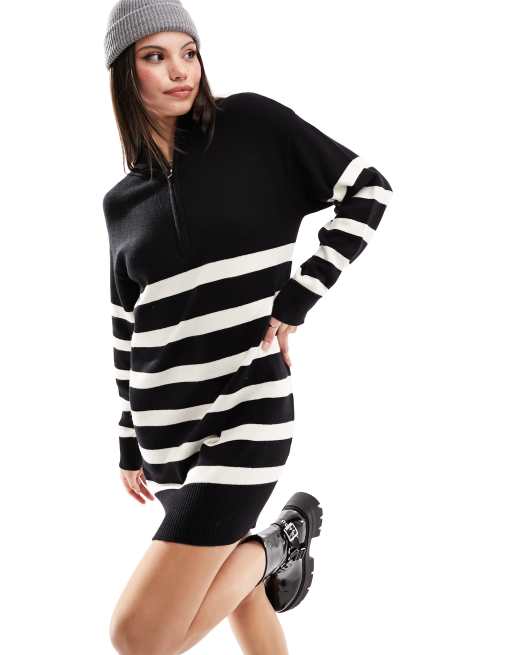 Stradivarius knitted zip front dress in black stripe