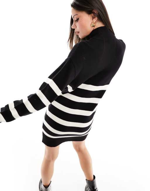 Stradivarius knitted zip front dress in black stripe