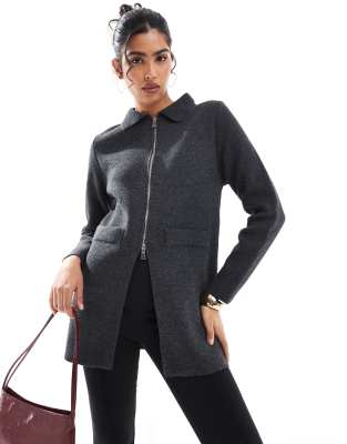 knitted zip through jacket in charcoal-Gray