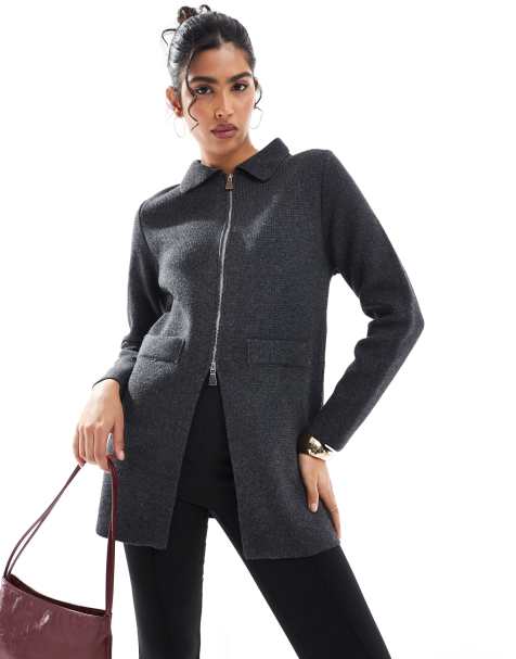 Stradivarius knitted zip through jacket in charcoal - view 1