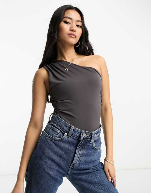 Stradivarius - Koksgrå bodystocking med oneshoulder-snit