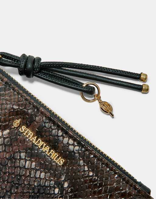 Stradivarius kompakt plånbok med ormskinnstryck i brunt, 2 av 4