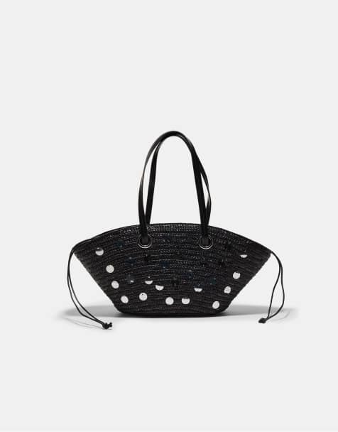 Stradivarius – Korbtasche in Schwarz mit Paillettenbesatz - view 1