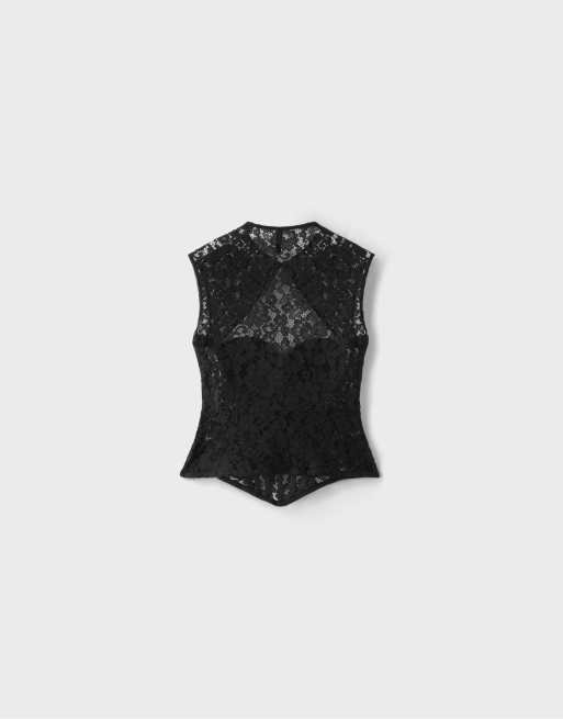 Stradivarius korsettinspiriertes Spitzenoberteil in Schwarz, 7 von 7
