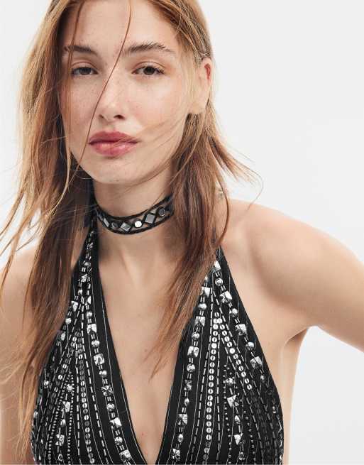 Stradivarius kort halterkjole med perler i sort, 4 af 4