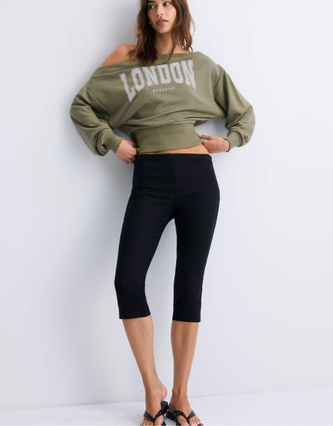 Stradivarius kort sweatshirt med båtringning i khaki - view 1