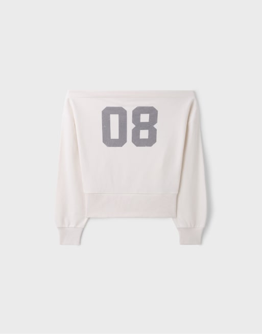 Stradivarius kort sweatshirt med båtringning i naturvit, 6 av 7