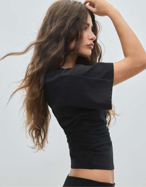 Stradivarius kort T-shirt med kimonoærmer i sort, 2 af 7