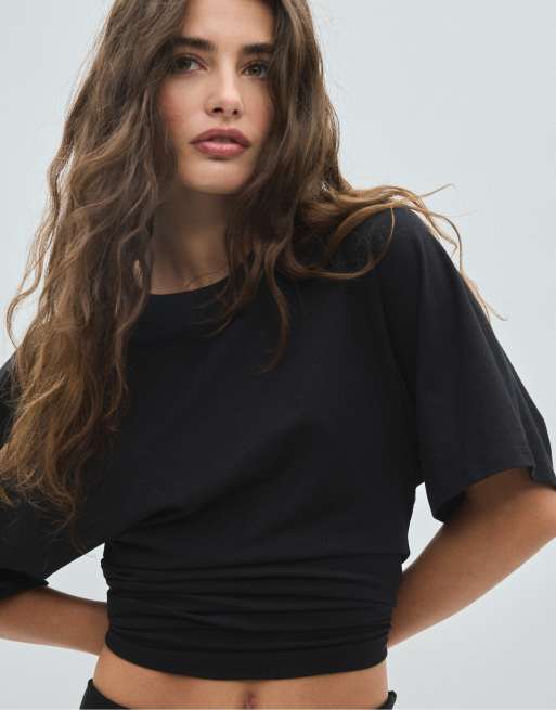 Stradivarius kort T-shirt med kimonoærmer i sort, 5 af 7