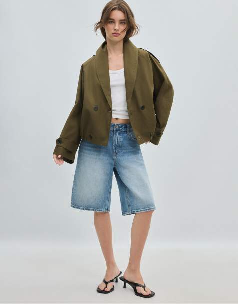 Stradivarius kort trenchcoat med sjalkrage i khaki - view 1