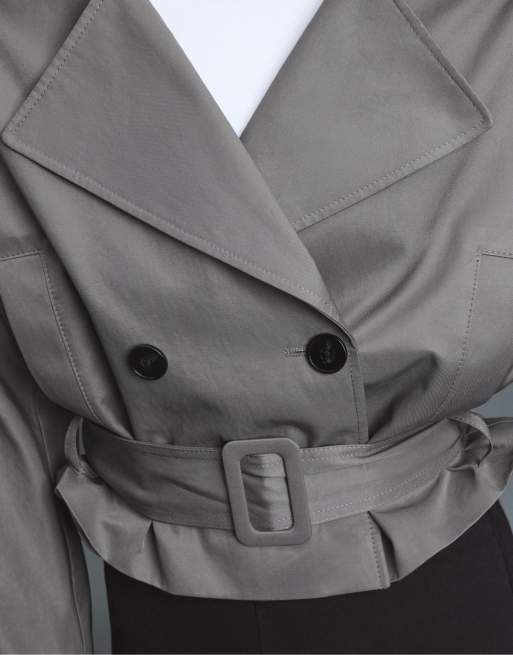 Stradivarius kort trenchcoat med skulderpuder i grå, 4 af 7