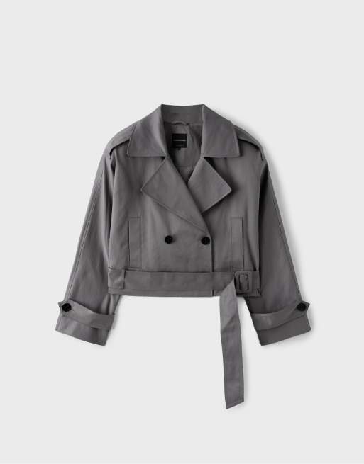 Stradivarius kort trenchcoat med skulderpuder i grå, 6 af 7