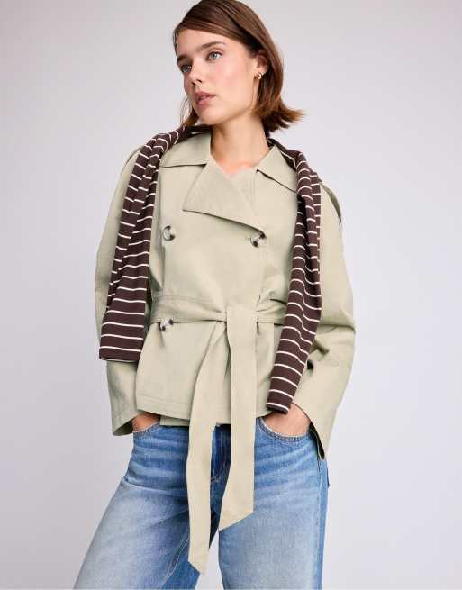 Stradivarius korte trenchcoat met riem in stone, 5 van 7