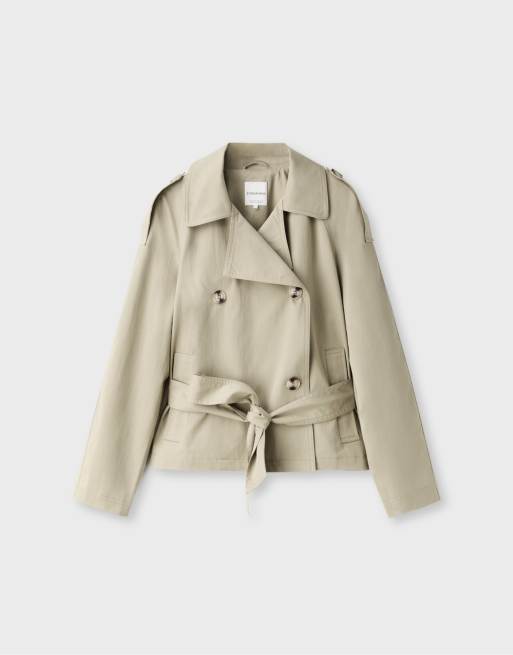 Stradivarius korte trenchcoat met riem in stone, 6 van 7