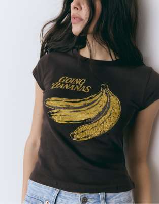 Stradivarius - Kurzärmliges T-Shirt in Braun mit Bananen-Print-Brown