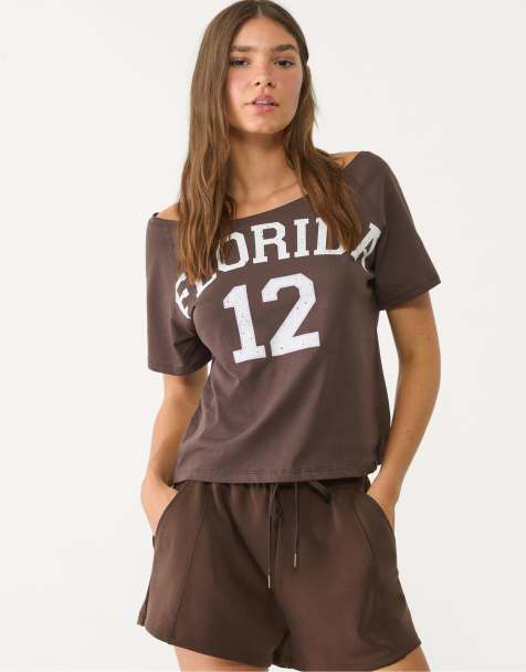 Stradivarius – Kurzärmliges T-Shirt in Braun mit „Florida“-Print - view 1