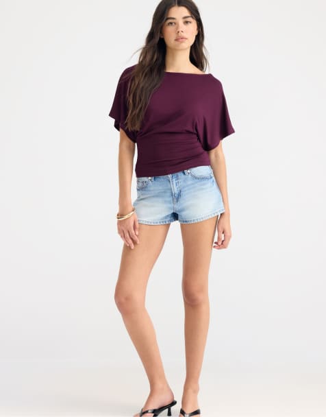 Stradivarius – Kurzärmliges T-Shirt in Lila mit U-Boot-Ausschnitt - view 1