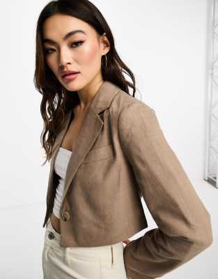 Stradivarius - Kurzer Leinen-Blazer in Taupe-Neutral