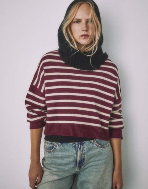 Stradivarius – Kurzer Strickpullover in Lila mit Streifen - view 1