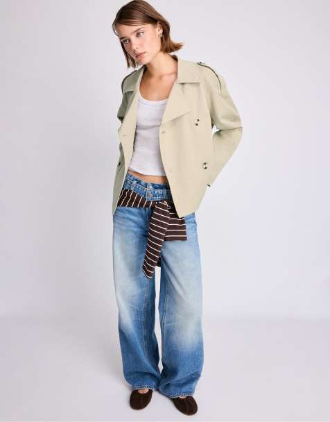 Stradivarius kurzer Trenchcoat mit Gürtel in Stone - view 1