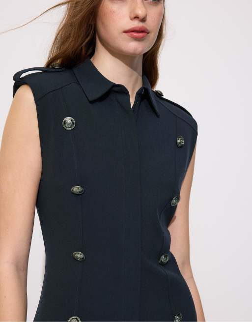 Stradivarius – Kurzes, ärmelloses Kleid in Dunkelblau mit Knopfleiste, 2 von 4