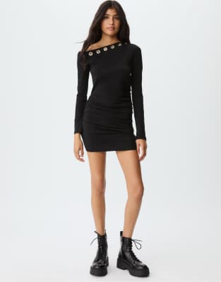 Stradivarius - Kurzes, asymmetrisches Kleid in Schwarz mit Ösen