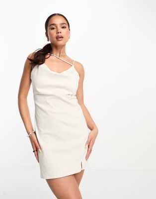 Stradivarius - Kurzes Camisole-Kleid aus Leinen in Naturfarbe-Neutral