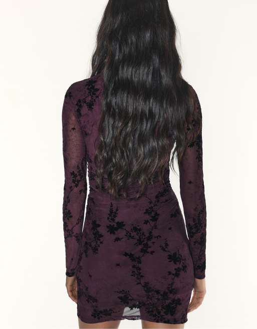 Stradivarius kurzes Tüllkleid mit langen Ärmeln in Lila, 3 von 7