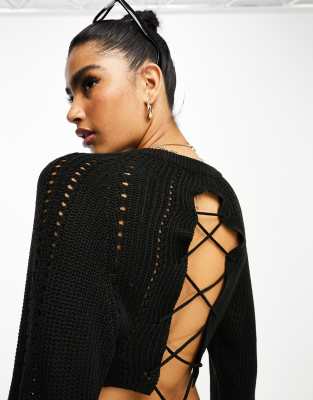 Stradivarius lace back knit jumper in black