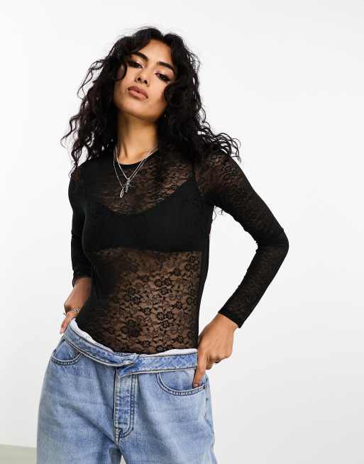 Stradivarius Lace Body With Open Back In Black Asos