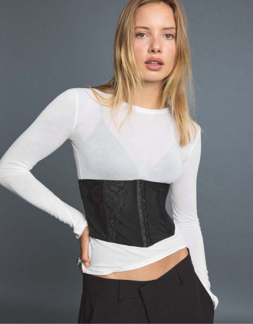 Stradivarius Lace corset belt in black, 2 of 4
