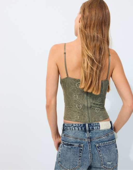 Stradivarius Lace corsetry-inspired top in khaki, 3 of 7