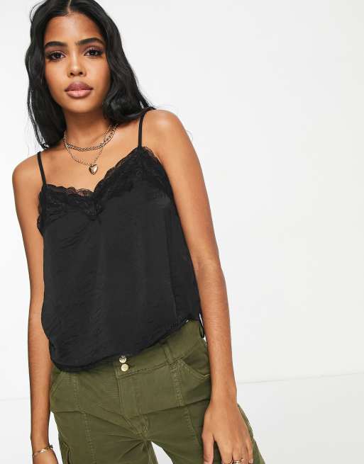 Stradivarius lace detail satin cami in black