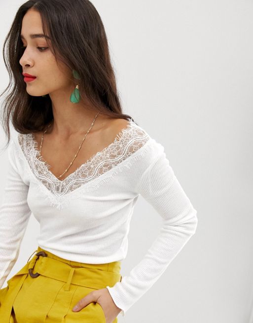 Lace Trim Long Sleeve Top White