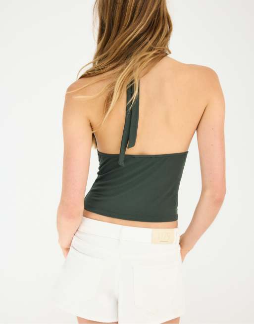 Stradivarius Lace halter top in bottle green, 4 of 4