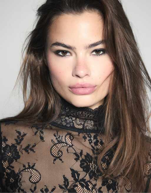 Stradivarius Lace high neck top in black, 4 of 7