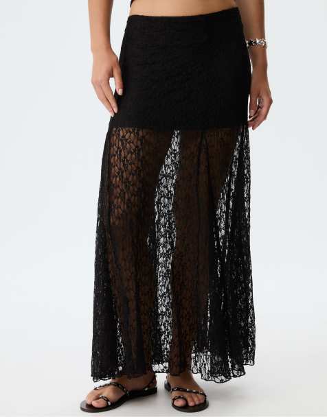 Stradivarius Lace midi skirt in black
