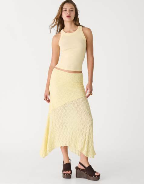 Stradivarius lace midi skirt in pastel yellow