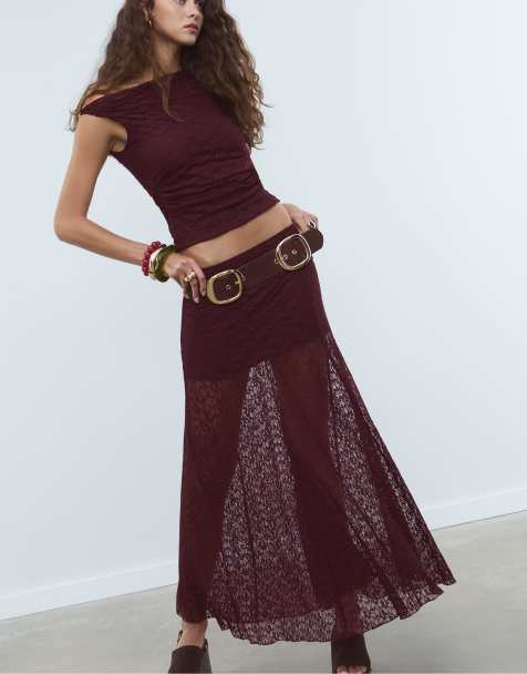 Stradivarius Lace midi skirt in purple