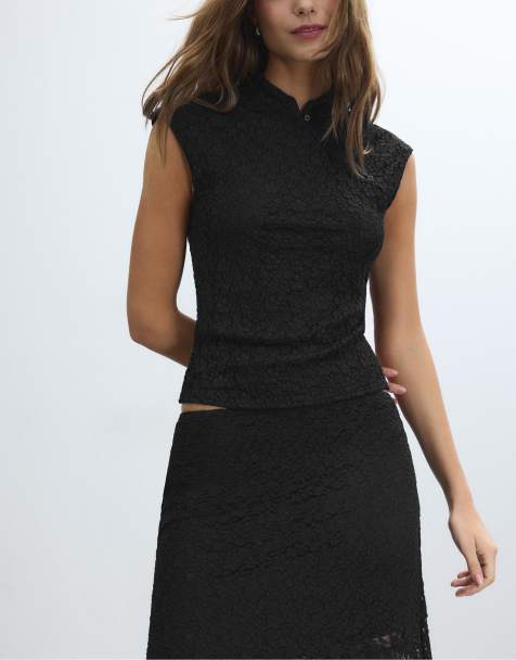 Stradivarius Lace qipao inspired style t-shirt with mandarin collar in black