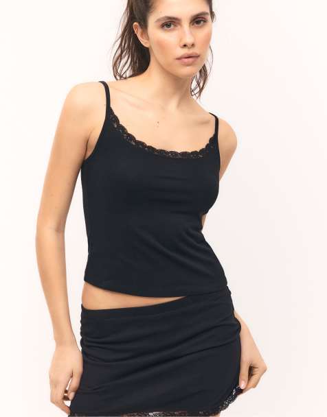Stradivarius Lace-trimmed strappy top in black